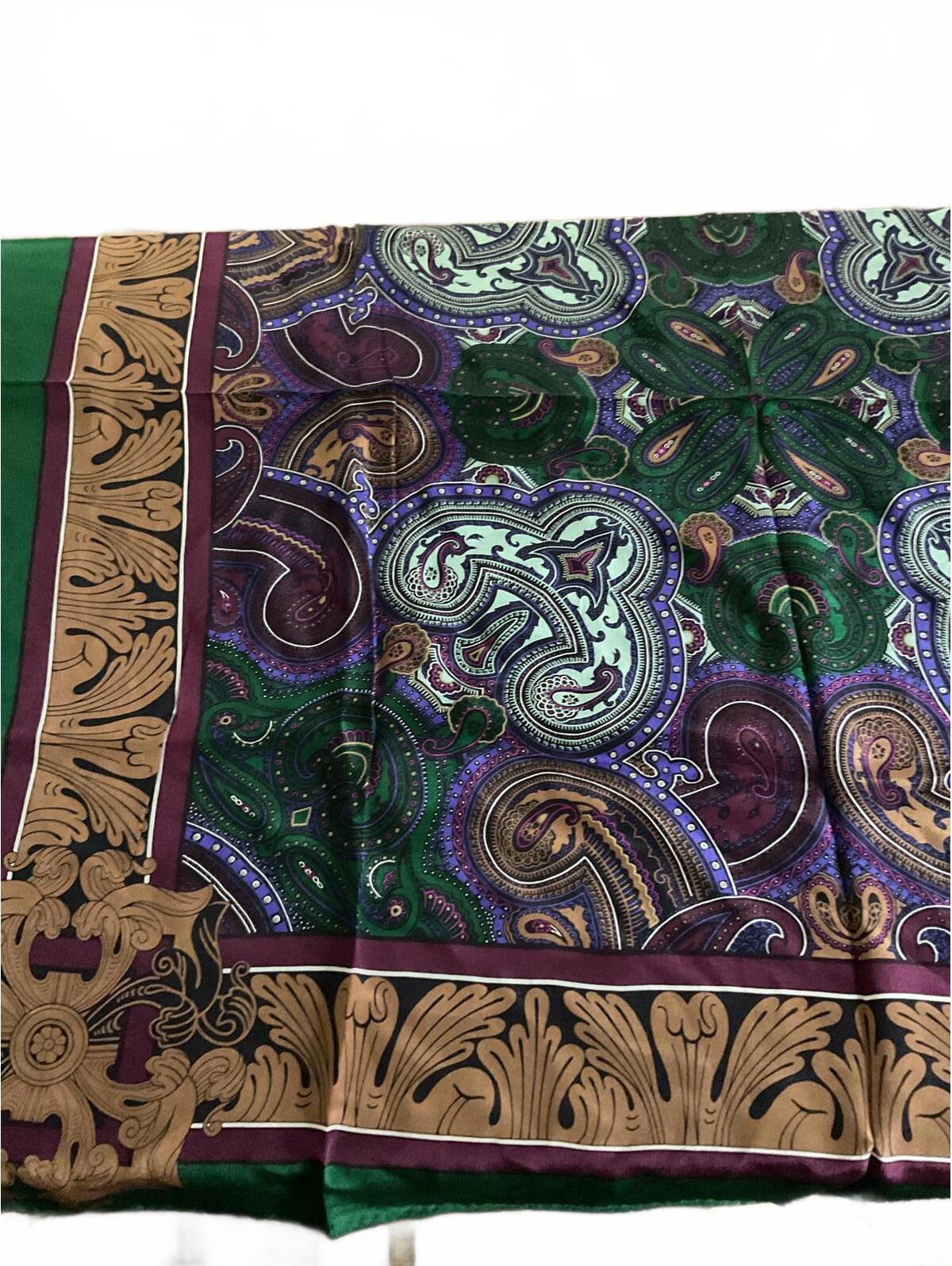 Vintage Adrienne Vittadini Paisley Silk Scarf With Green And Purple Accents